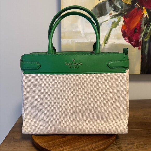 Kate Spade Beige Weave and Green Leather Trim - Picture 1 of 4